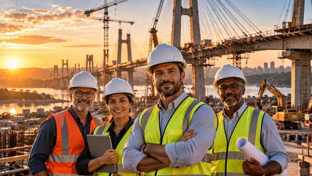 Equipe de engenheiros em um canteiro de obras de ponte