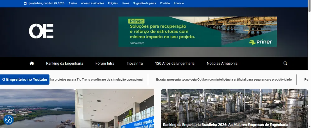 Página inicial do portal O Empreiteiro com banner publicitário no topo