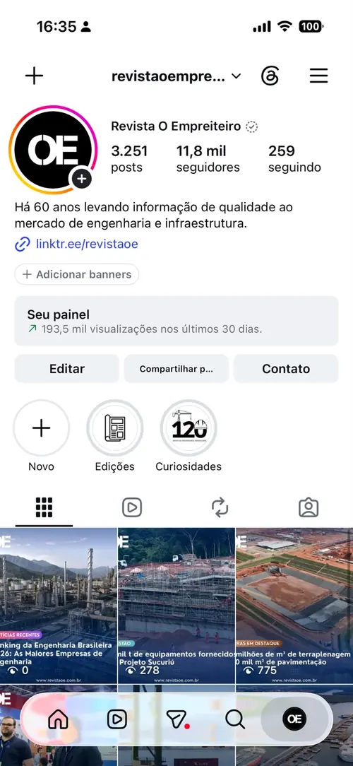 Perfil da Revista O Empreiteiro no Instagram exibido em um celular