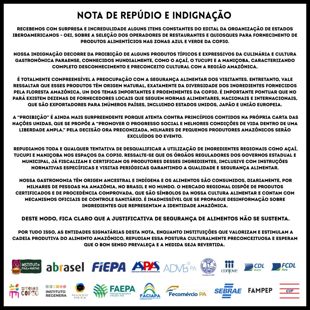 Fiepa repudia edital sobre proibição de alguns produtos da culinária amazônica na COP30
