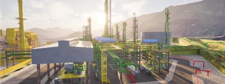 Renderização 3D de uma moderna planta de biorrefino, detalhando as estruturas complexas de processamento e a infraestrutura industrial. A imagem exibe uma vista panorâmica em ângulo superior sob luz solar quente, mostrando colunas de fracionamento imponentes, tanques de armazenamento e uma rede densa de tubulações amarelas e verdes conectando diferentes seções. Um grande hangar cinza cobre uma área de processamento à esquerda, enquanto a área de produção ao ar livre domina o centro. O local do projeto de biorrefino está aninhado em um vale, com montanhas robustas e vegetação ao fundo sob um céu ensolarado. A imagem realça a complexidade tecnológica e a escala desta instalação sustentável, que é o foco central do artigo.