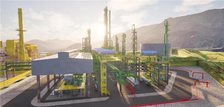 Renderização 3D de uma moderna planta de biorrefino, detalhando as estruturas complexas de processamento e a infraestrutura industrial. A imagem exibe uma vista panorâmica em ângulo superior sob luz solar quente, mostrando colunas de fracionamento imponentes, tanques de armazenamento e uma rede densa de tubulações amarelas e verdes conectando diferentes seções. Um grande hangar cinza cobre uma área de processamento à esquerda, enquanto a área de produção ao ar livre domina o centro. O local do projeto de biorrefino está aninhado em um vale, com montanhas robustas e vegetação ao fundo sob um céu ensolarado. A imagem realça a complexidade tecnológica e a escala desta instalação sustentável, que é o foco central do artigo.